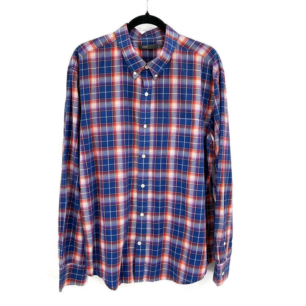 VINCE Men's Blue Red Plaid 100% Cotton Button Up Long Sleeve Shirt Size XL - Picture 1 of 5